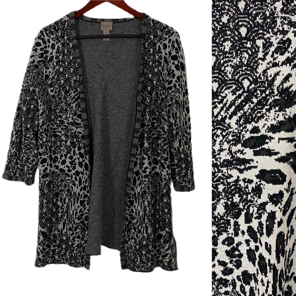 EASYWEAR BY CHICO’S Cardigan Open Front Cotton Blend Mixed Animal Print Sz M
